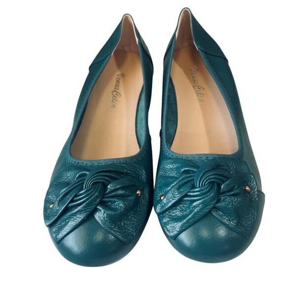 VenusCelia Teal Leather Comfort Flats Bow Slip On Loafers Size 8 Cushioned - Picture 4 of 11